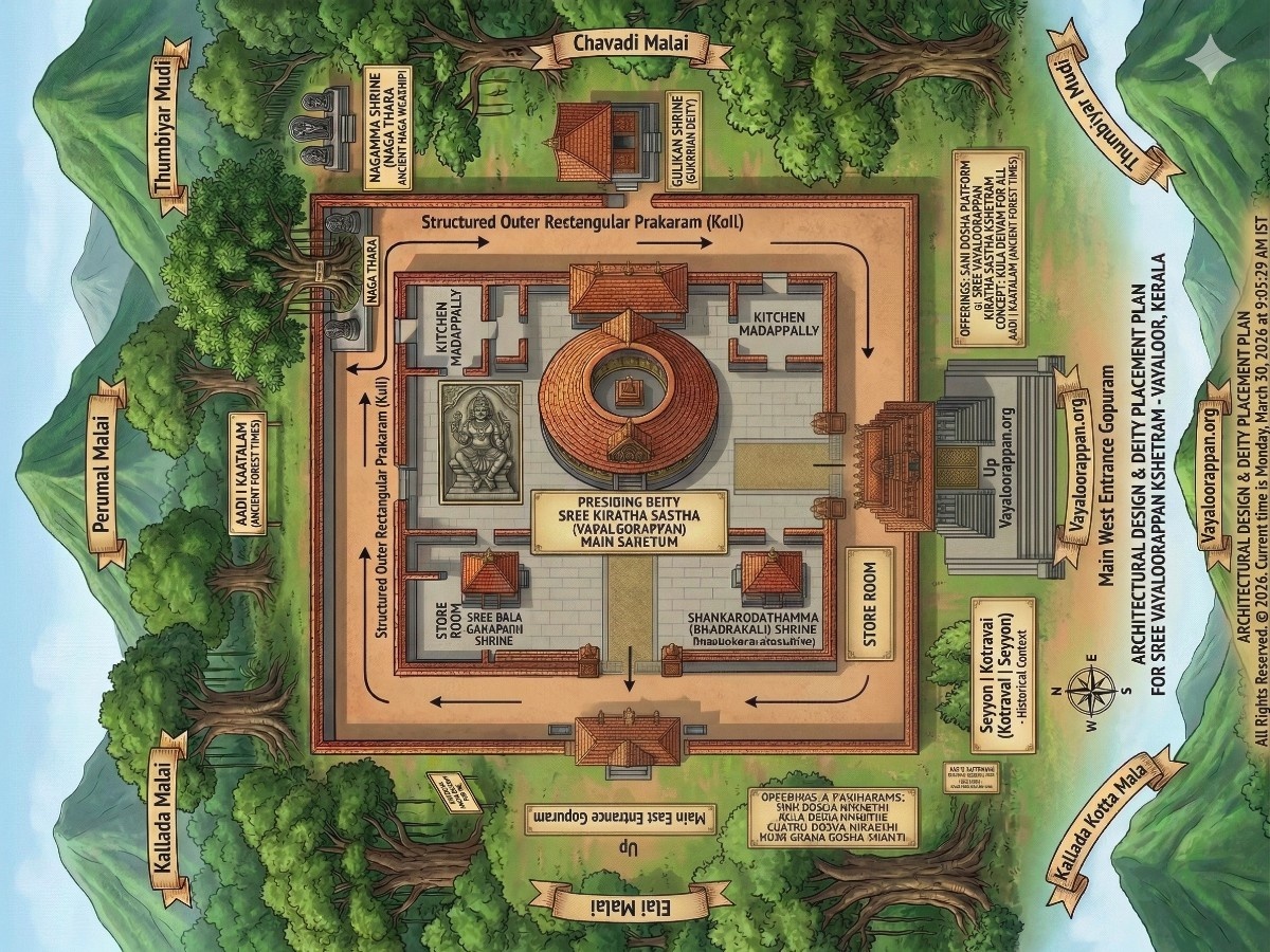 Architectural map of Sree Vayaloorappan Kshetram with eight sacred hills